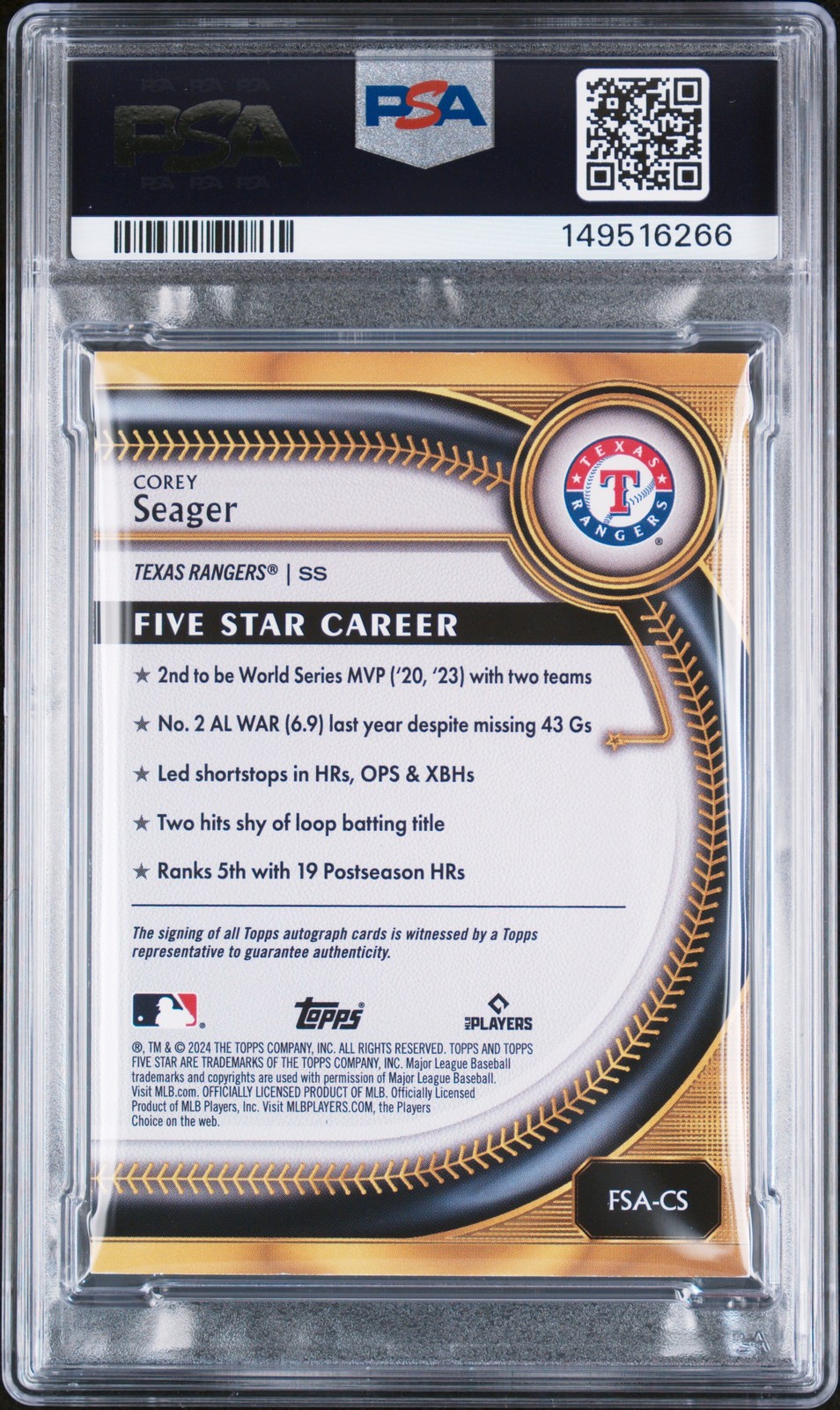 2025 TOPPS FIVE STAR AUTO #FSA-CS COREY SEAGER 6/99 PSA AUTHENTIC AUTO 10 view 2