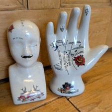 Tattoo 6" Phrenology Head + 7" Palmistry Hand - Ceramic Cool Ornament Bundle