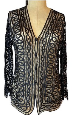 Vtg Open Weave Crochet W/ Silk Ribbon Floral Pattern Black Button Up LS Tunic M