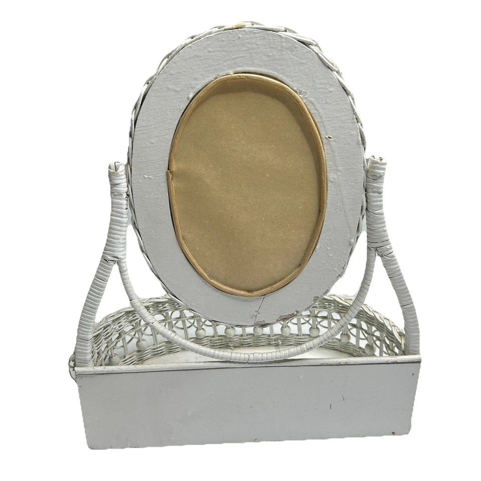 Vintage White Wicker Mirror Vanity Table Top Swivel w Basket Cottage Core - Image 2 of 4
