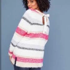 Lane Bryant Plus Cream & Pink Eyelash Fuzzy Striped Bow Tie Sweater Size 18