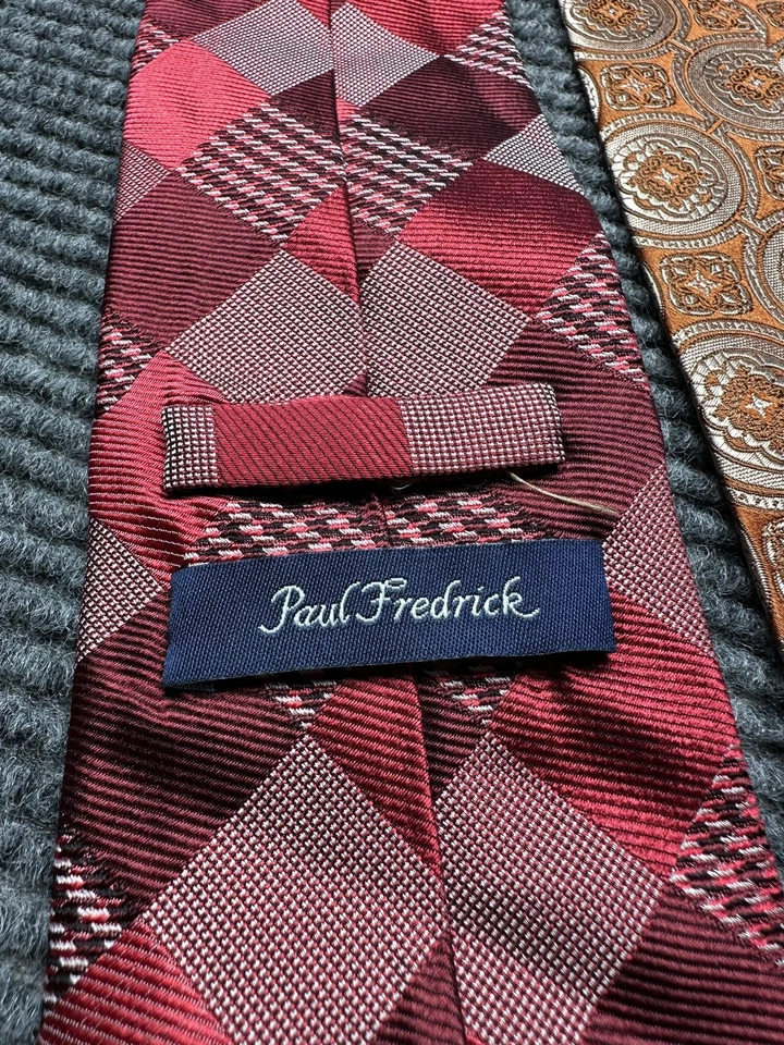 Lote de 3 corbatas Paul Fredrick de seda para hombre borgoña a cuadros marrón geométricas hechas a mano Foto 4 de 4