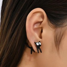 1 Pair Black & White Cat Front & Back Earrings - Cute Animal Pet Jewelry Gift