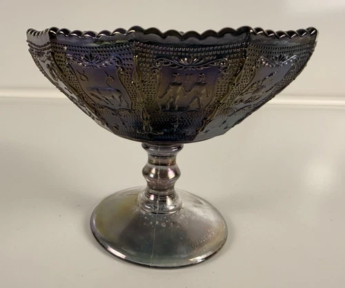 VTG Imperial Glass 4-3/4" T Smoked Amethyst Zodiac Compote Pedestal Dish 5-1/2"D