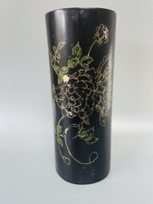 VINTAGE LACQUERED BAMBOO VASE HAND-PAINTED FLORAL INSCRIBED 1934