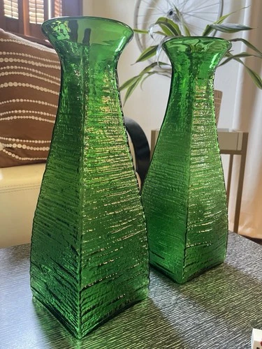 Pair Of Blenko Handcraft Clover Textured Glass Strata Collection Vases 14.5”-15"