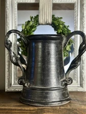 VTG Large Handcrafted Black Rustic Twisted Dual Handled Vessel Earthenware 12"