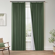 Olive Green Pinch Pleated Linen 100 Blackout Curtains 84 Inch Length 2 Panel...