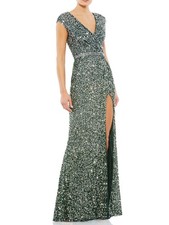 Mac Duggal 5489 Sequin Capsleeve High Slit Gown SZ 10 Fores tGreen-Silver 398