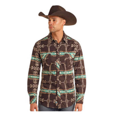 BMN2S05477 Rock & Roll Men's L/S Western Snap Shirt Peacock Southwest Print NEW
