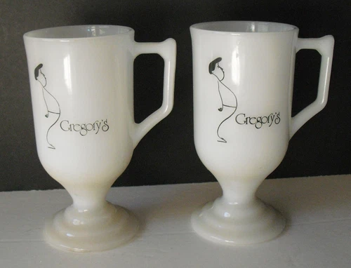 Vintage Pair of 2 Milk Glass Footed Cups with GREGORY'S LOGO on them