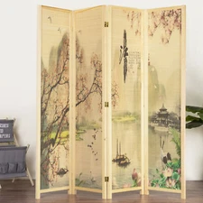 Asian-Inspired Bamboo-Screen 4-Panel Room Divider with Cherry Blossom Scene
