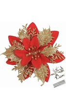 GREENTIME 12 Pcs Glitter Poinsettia 5.5" Artificial Flowers Christmas with Clips
