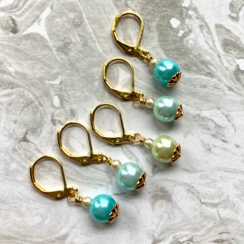 5 Pcs Knitting Crochet Locking Removable Stitch Markers Pastel Blue Green Pearls