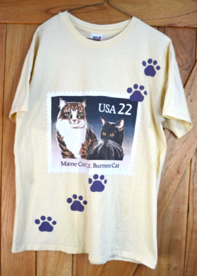 Vintage Postage Stamp Maine Coon Burmese Cat USPS T Shirt Large Double Sided