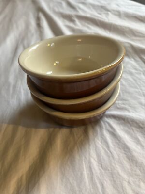 3 Vintage HALL #413 Restaurant Ware Berry / Cereal Bowl Dish Brown w white 4.5''