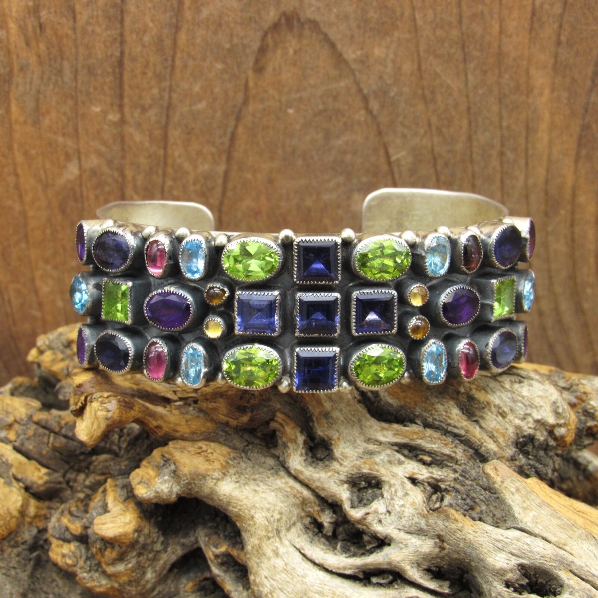 Vintage Sterling Silver and Faceted Multi Stone Cuff Bracelet by 