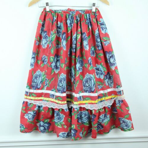 FLAW REPAIR Vintage Cottagecore red blue rose floral prairie skirt ruffle S M  - Picture 1 of 9