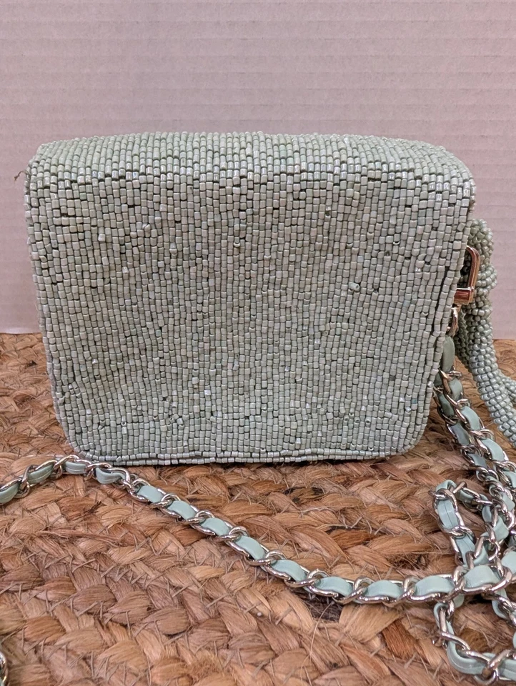 Anthropologie Glass Beaded Wristlet Blue Green Bow Detail & Crossbody Strap - Image 4 of 4