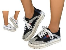 Womens Casual Glitter Rhinestone Lace-Up Sneakers
