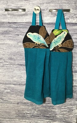 Hanging Kitchen Towel Parakeet Budgie Turquoise & White on Branch Brown Leaves