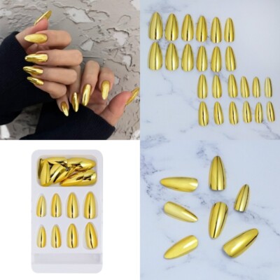 24pcs Medium Almond Press On Nails Metallic Mirror Effect Golden False Nails