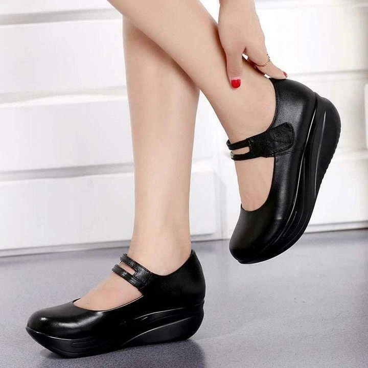 Women Casual Mary Jane Leather Nursing Shoes Round Toe Wedge Heels Pumps