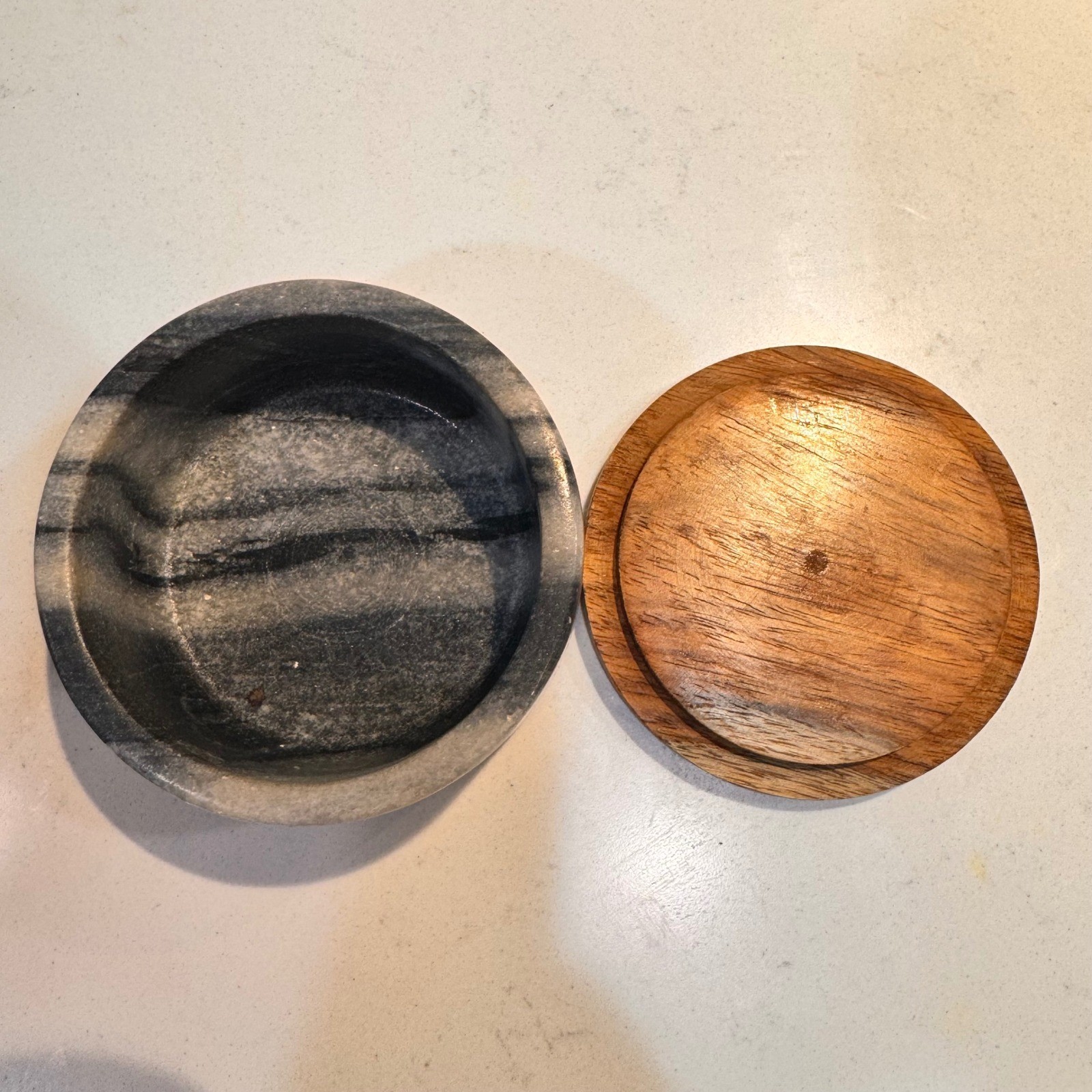 Sur La Table Marble Salt Keeper with Acacia Wood Lid Spice Storage Container Pot