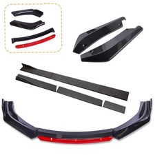 Universal Carbon Fibre Front Bumper Lip Red Tongue Rear Diffuser Side Skirt Kit