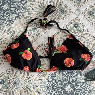 Eidon Black Orange Green Fruit Print Triangle Adjustable Bikini Top 1 Piece XL