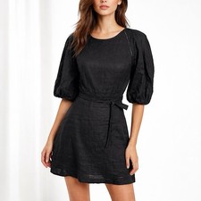 Faithfull The Brand Mai Mini Dress Women's Small Black Linen Puff Sleeve New