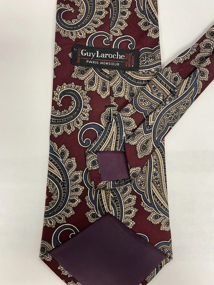 Corbata Vintage Guy Laroche Borgoña Paisley Seda Paris Monsieur Hecha en EE. UU. Años 90 Foto 3 de 4