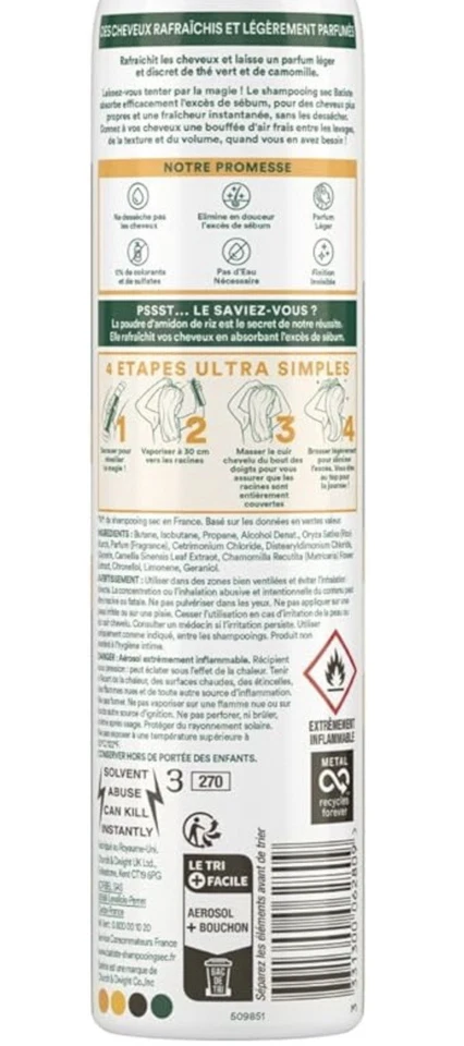 *Lot de 2* Shampooing sec  24h thé vert camomille Batiste 200ml - Photo 2/4