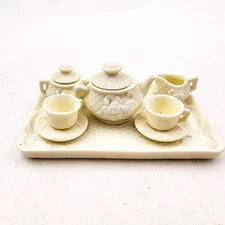 Vintage Miniature Tea Set Ivory Floral Tea pot Cups Cream Sugar on Tray