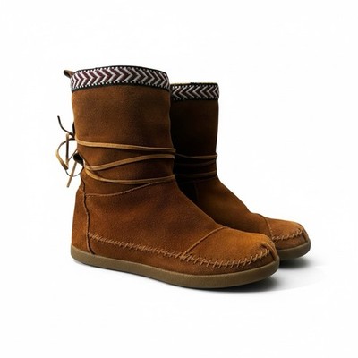 Toms Moccasin Nepal Ankle Boots Faux Shearling Brown Leather Suede Boho Size 7