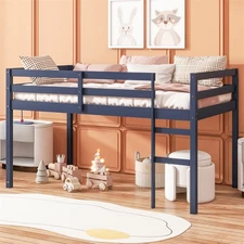 Wooden Twin Size Loft Bed with Ladder, Bed Platform of Strengthened Slats,Blue