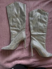 Silver Rhinestone Embellished Knee-High Stiletto Boots