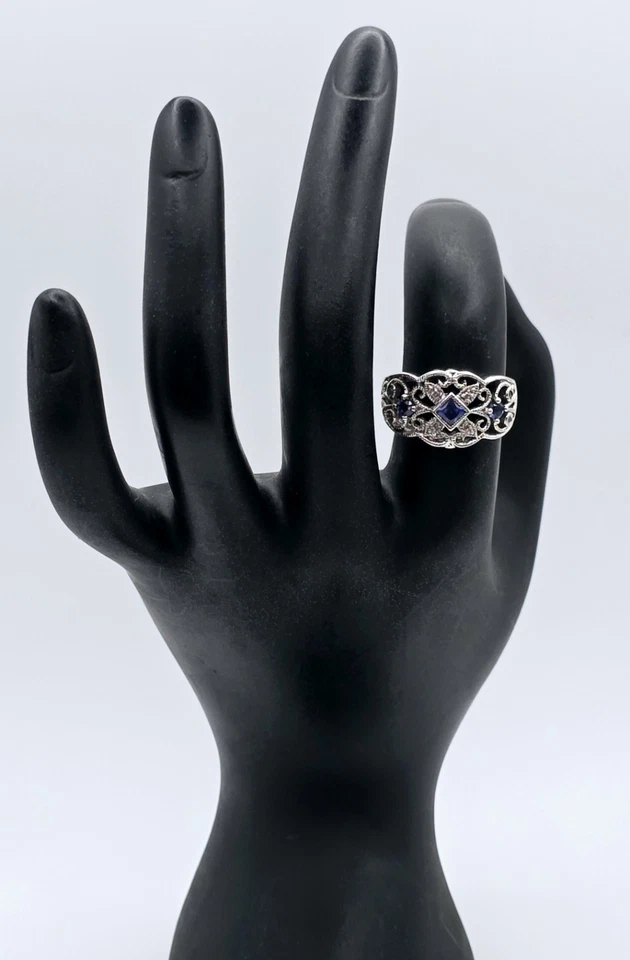 Vintage Sterling Silver Filigree Blue Sapphire Ring Size 7 Art Deco Victorian - Image 2 of 4