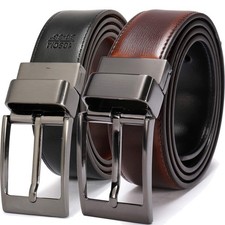 Men's Dress Belt Leather Reversible 1.25" Wide Rotated Buckle Gift Box  Black ...
