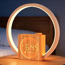 Sunrise Alarm Clock with Sound Machine: White 8.86 9 1.85, Dark Wood Grain