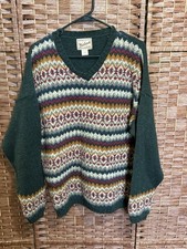 Vintage Woolrich Sweater Womens Fair Isle Green Made in USA Vneck Large