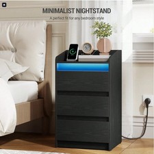 LED Bedside Table 2 Drawers Cabinet Charging Station Nightstand Storage Black