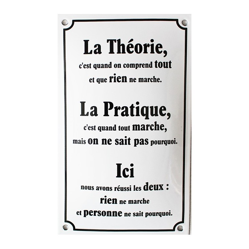 Plaque émaillée humoristique LA THÉORIE déco bistrot vintage 20x30 cm