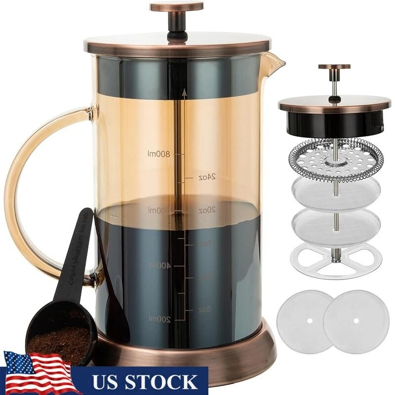 34oz French Press Coffee Maker Borosilicate Glass 4 Filters Easy Clean New