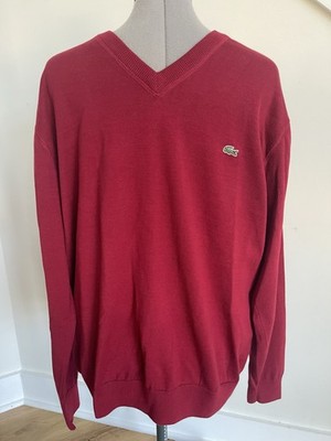 Lacoste Sweater Men 6 (US XL) Red V-Neck Pullover 100% Cotton Classic Preppy