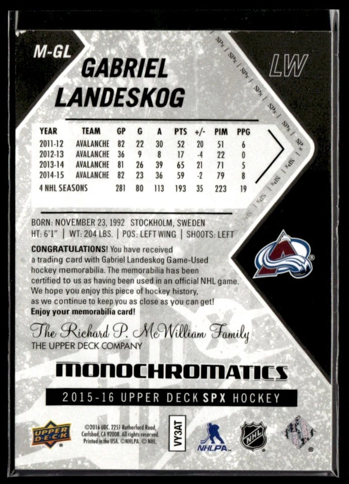 2015-16 SPx Monochromatics Jersey Gabriel Landeskog #M-GL - Image 2 of 2