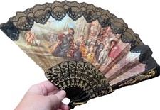 Vintage Victorian Rococo Style Folding Hand Fan Black Lace Trim Jardin de Amor