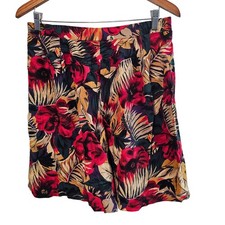 Vintage Floral Shorts Women Sz 14 Red Floral High Rise Cottage Boho 80s Tropical
