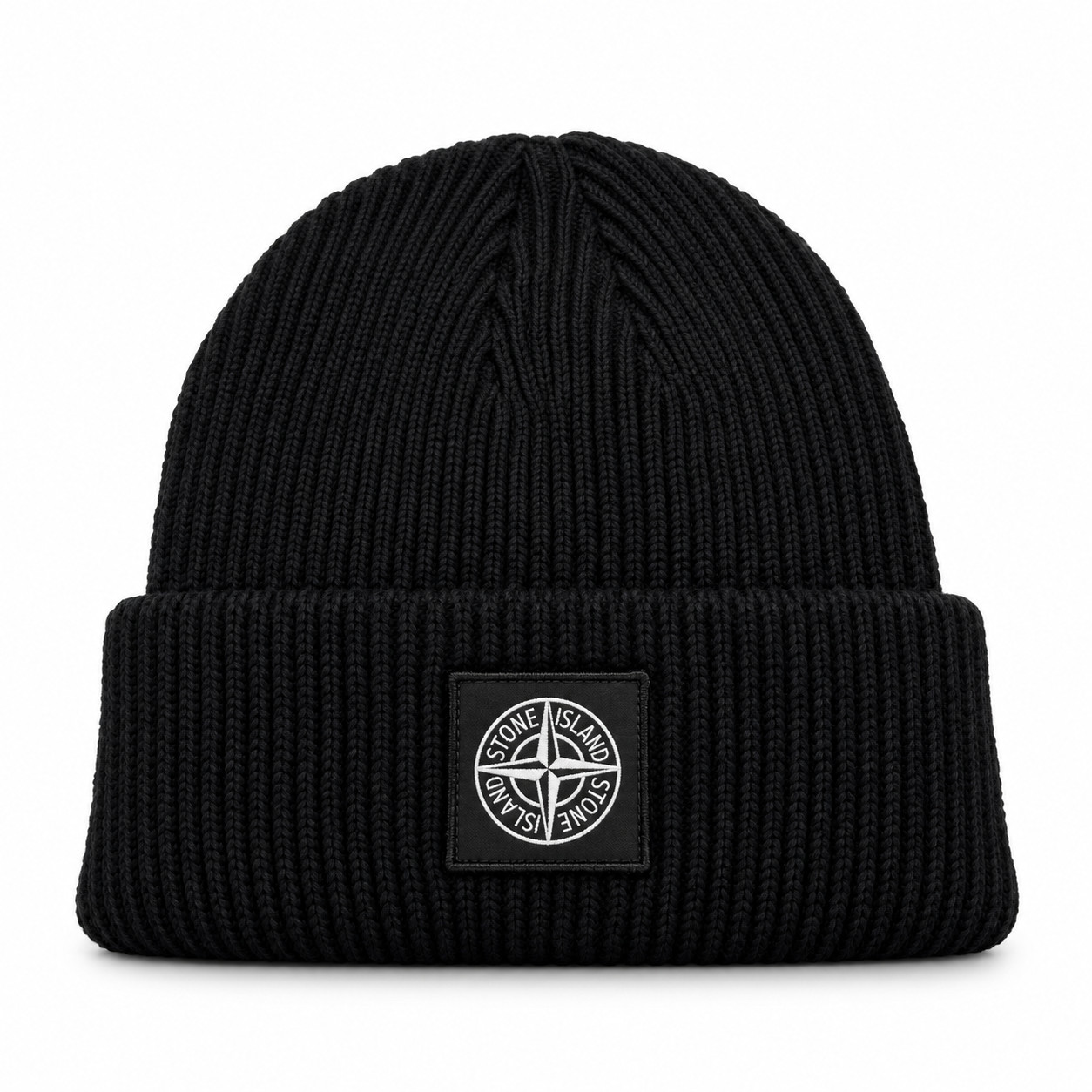 Stone Island Black Ribbed Knit Cuffed Beanie Winter Hat Unisex