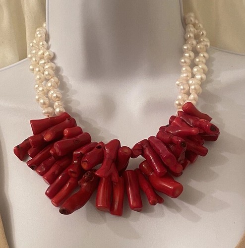 Baroque Pearl Large Red Branch Coral Double Strand Silver Statement Necklace - Picture 3 of 24